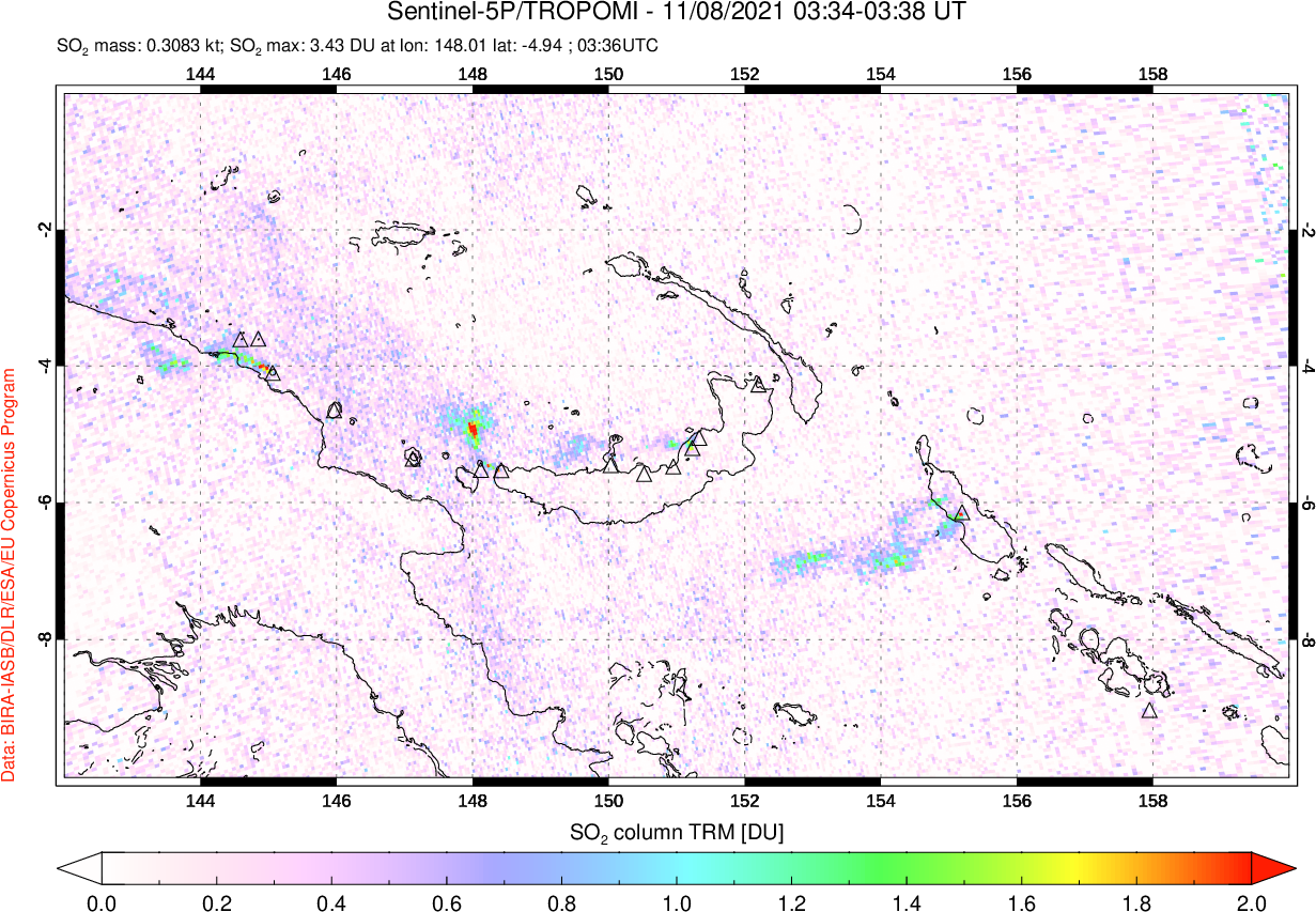 A sulfur dioxide image over Papua, New Guinea on Nov 08, 2021.