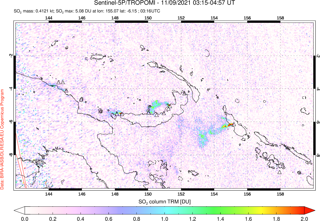 A sulfur dioxide image over Papua, New Guinea on Nov 09, 2021.