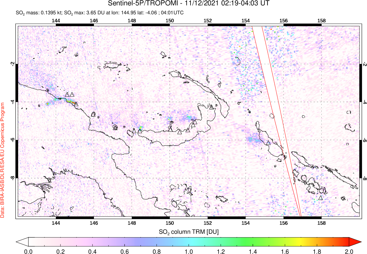 A sulfur dioxide image over Papua, New Guinea on Nov 12, 2021.
