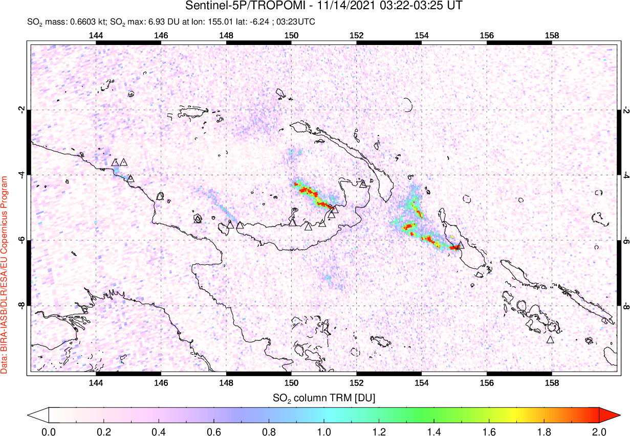 A sulfur dioxide image over Papua, New Guinea on Nov 14, 2021.