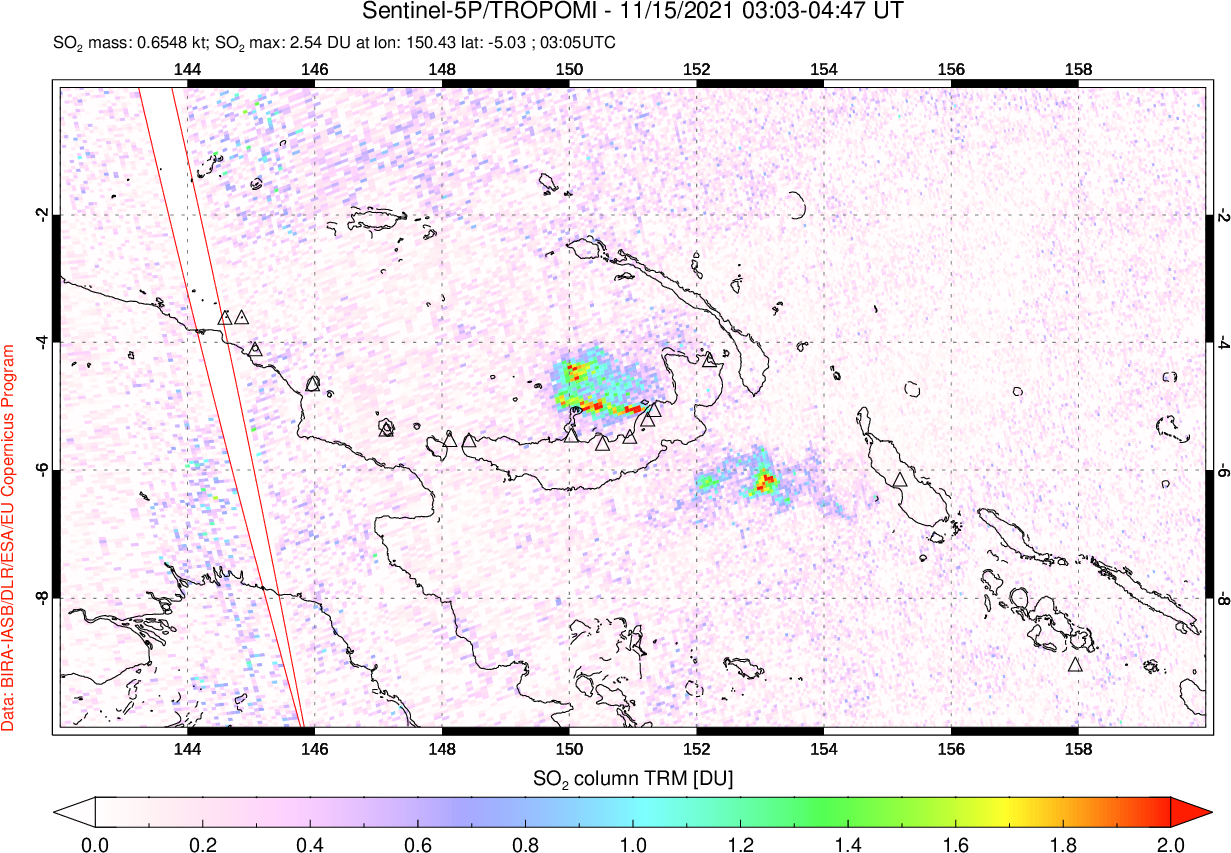 A sulfur dioxide image over Papua, New Guinea on Nov 15, 2021.