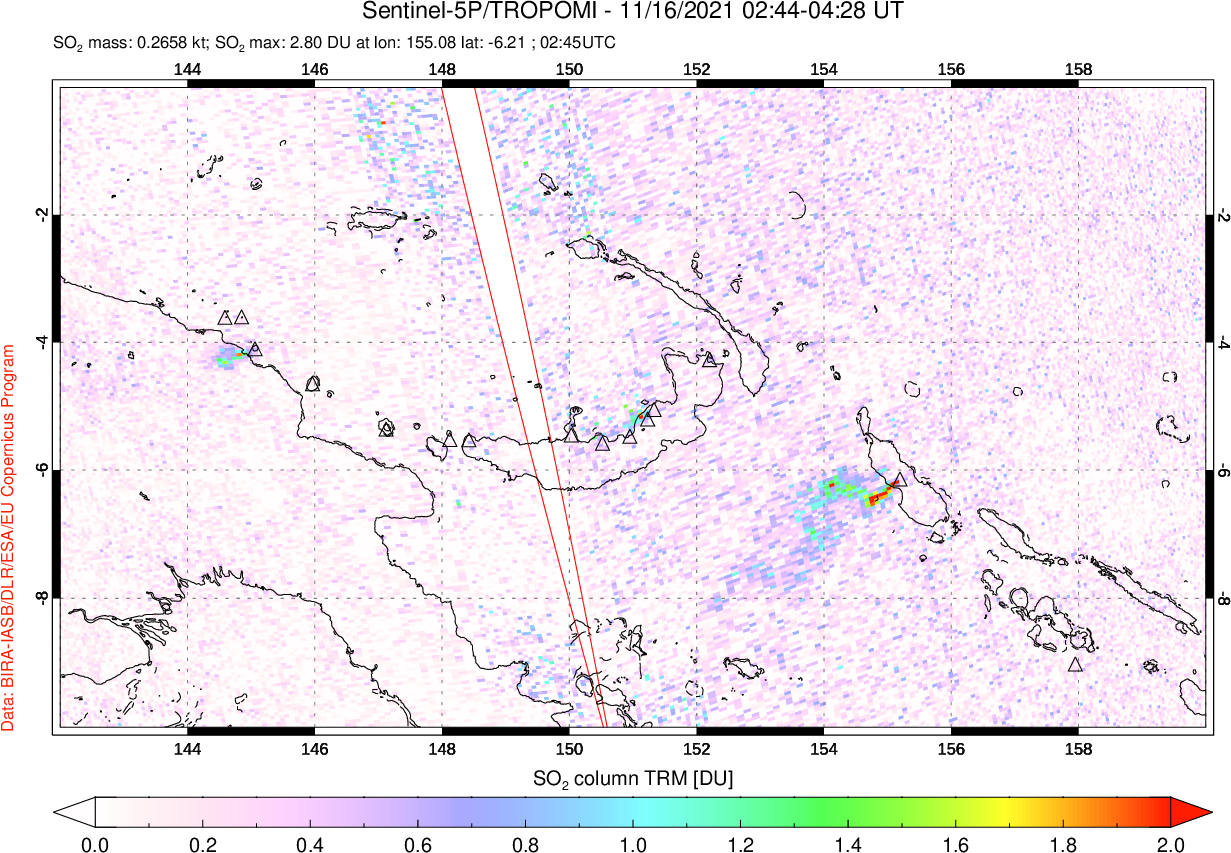 A sulfur dioxide image over Papua, New Guinea on Nov 16, 2021.