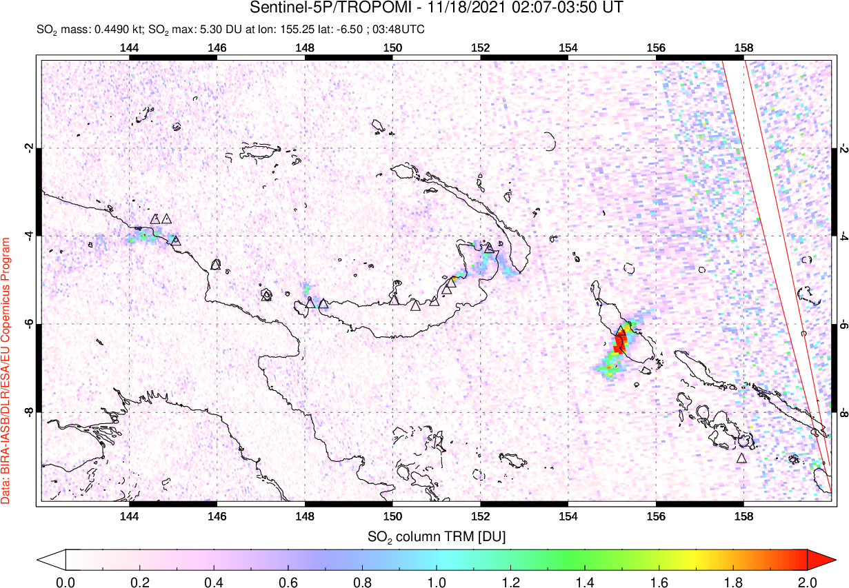 A sulfur dioxide image over Papua, New Guinea on Nov 18, 2021.