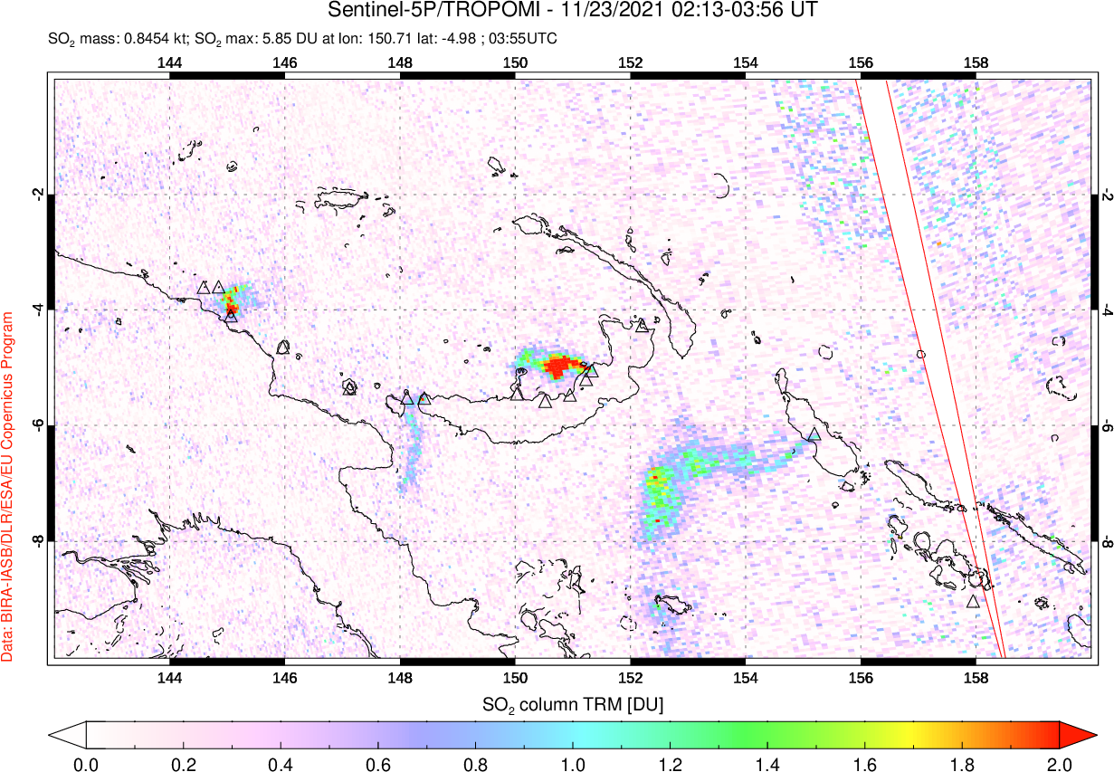 A sulfur dioxide image over Papua, New Guinea on Nov 23, 2021.