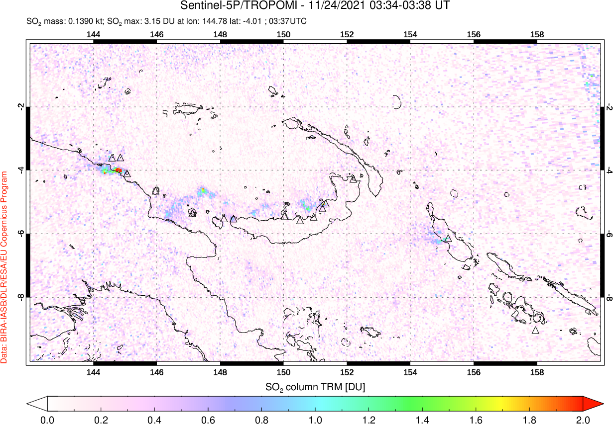 A sulfur dioxide image over Papua, New Guinea on Nov 24, 2021.