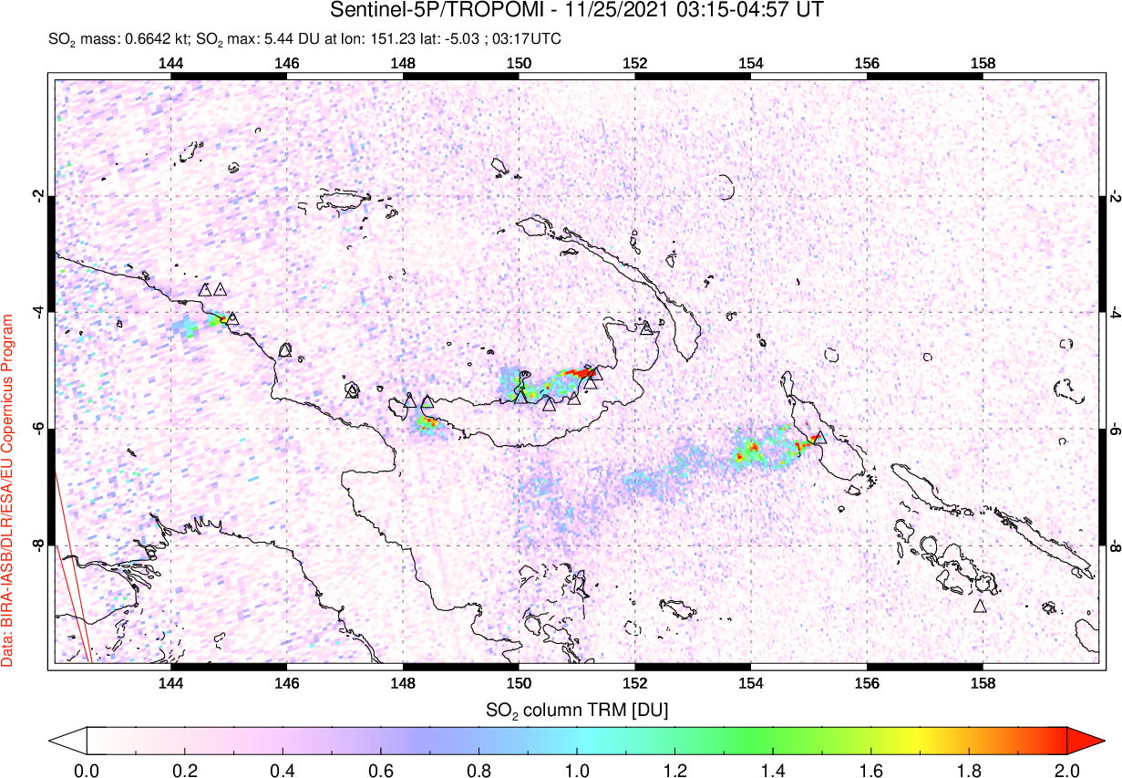 A sulfur dioxide image over Papua, New Guinea on Nov 25, 2021.