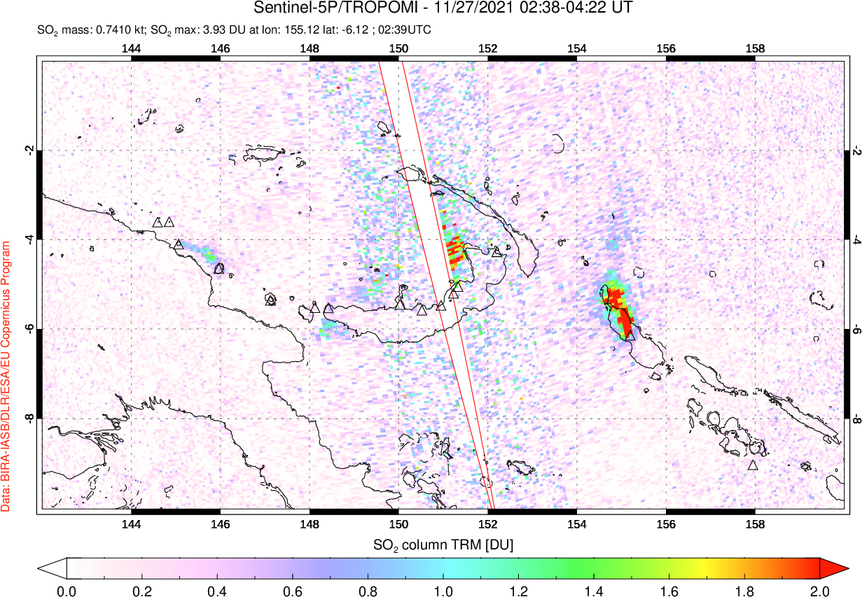 A sulfur dioxide image over Papua, New Guinea on Nov 27, 2021.
