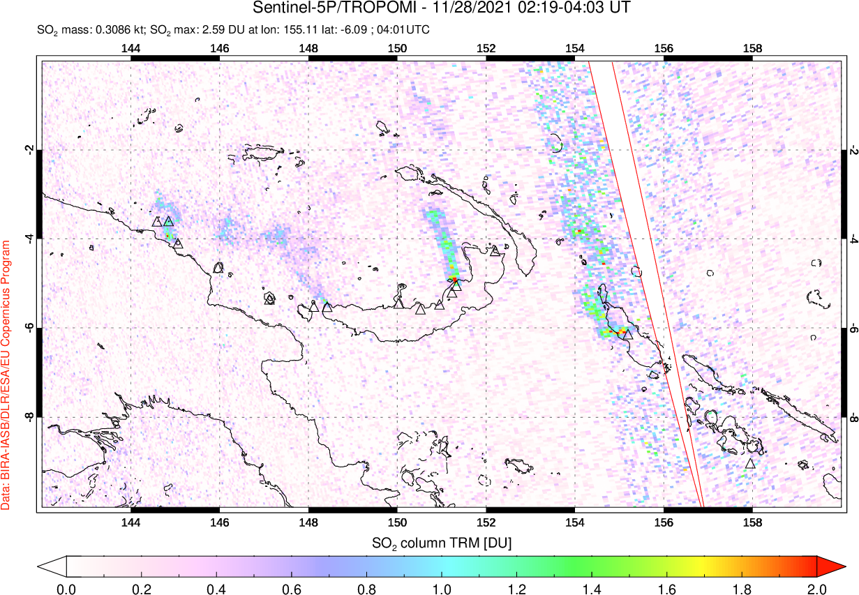 A sulfur dioxide image over Papua, New Guinea on Nov 28, 2021.