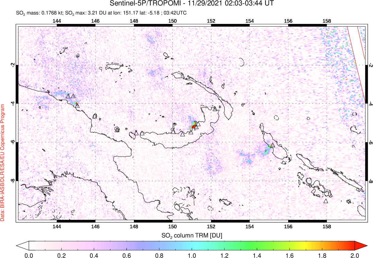 A sulfur dioxide image over Papua, New Guinea on Nov 29, 2021.