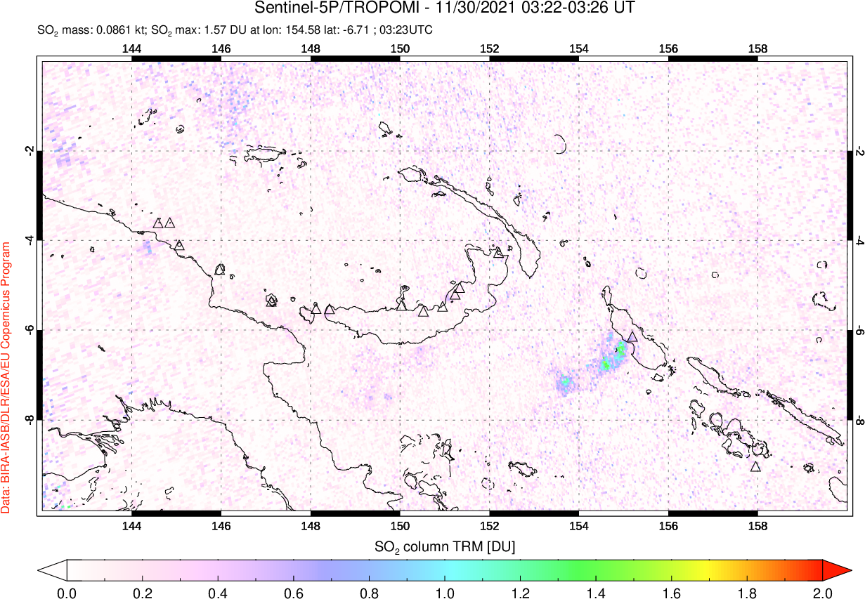 A sulfur dioxide image over Papua, New Guinea on Nov 30, 2021.