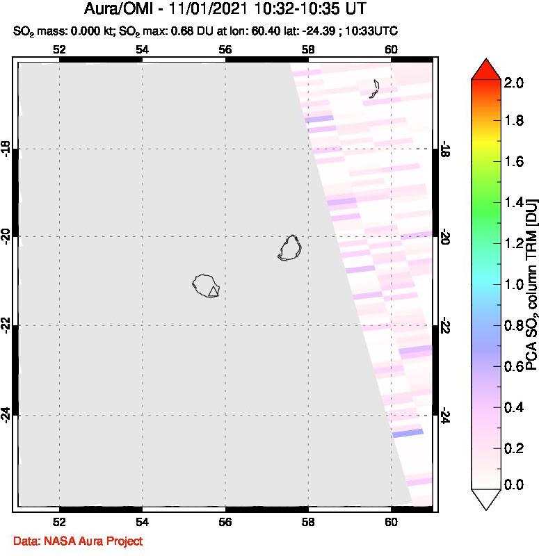 A sulfur dioxide image over Reunion Island, Indian Ocean on Nov 01, 2021.