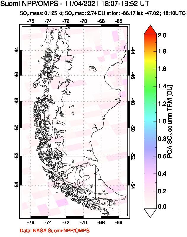 A sulfur dioxide image over Southern Chile on Nov 04, 2021.