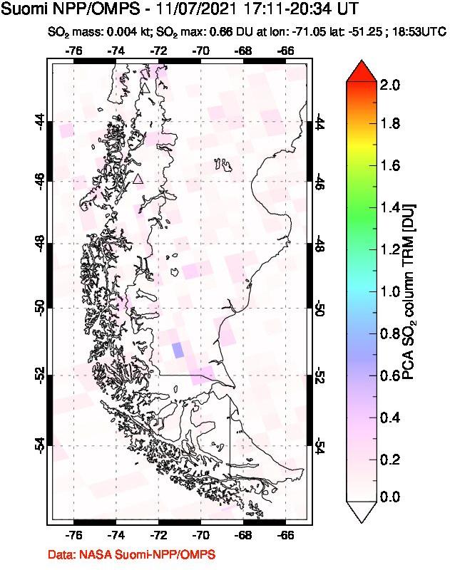 A sulfur dioxide image over Southern Chile on Nov 07, 2021.