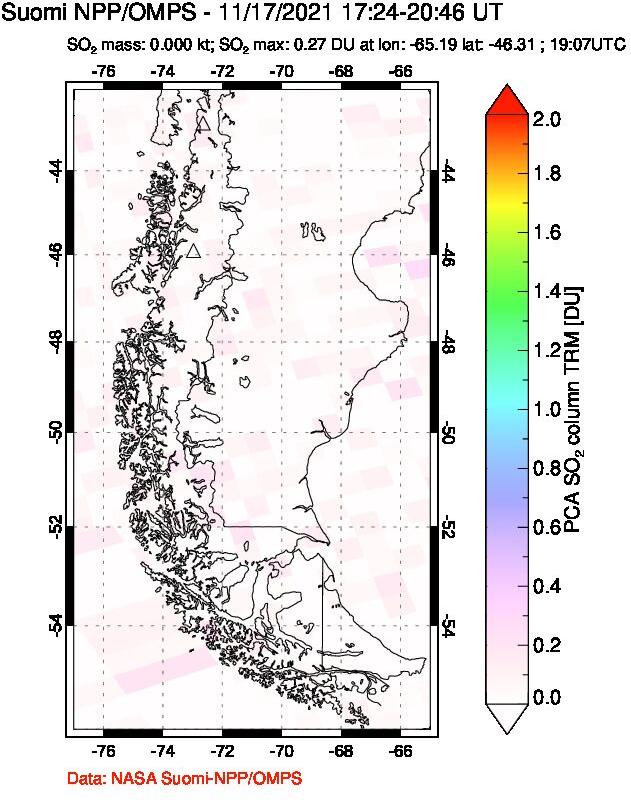 A sulfur dioxide image over Southern Chile on Nov 17, 2021.