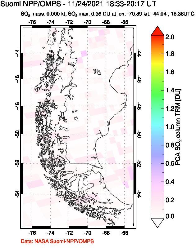 A sulfur dioxide image over Southern Chile on Nov 24, 2021.