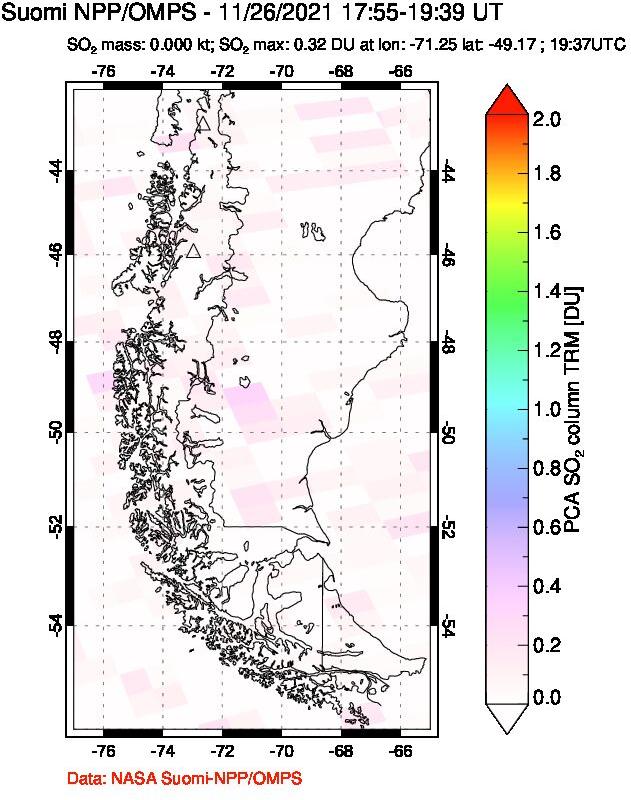 A sulfur dioxide image over Southern Chile on Nov 26, 2021.