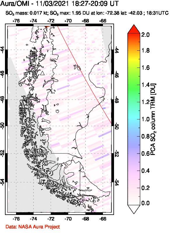 A sulfur dioxide image over Southern Chile on Nov 03, 2021.