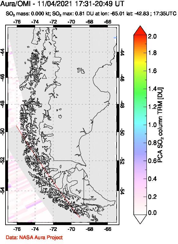 A sulfur dioxide image over Southern Chile on Nov 04, 2021.
