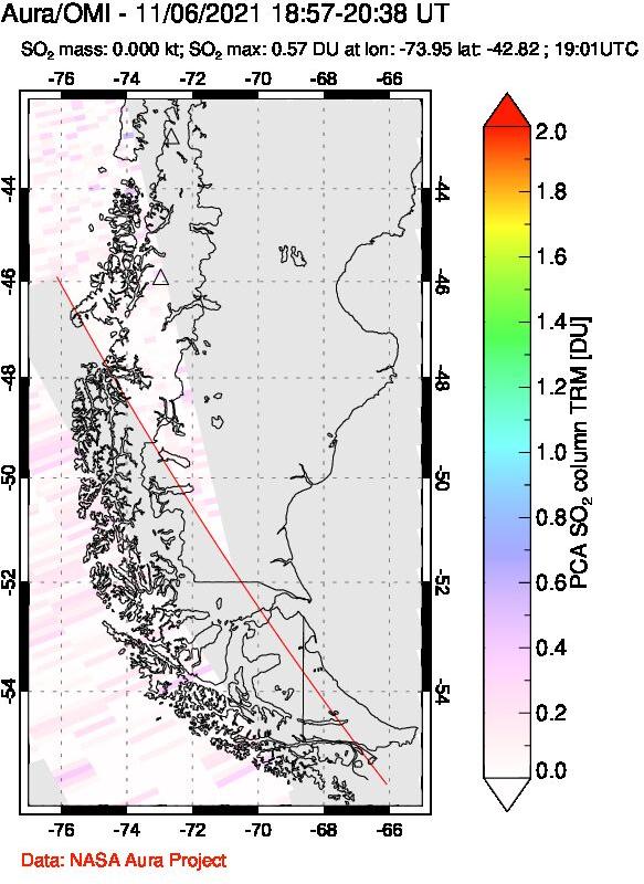 A sulfur dioxide image over Southern Chile on Nov 06, 2021.