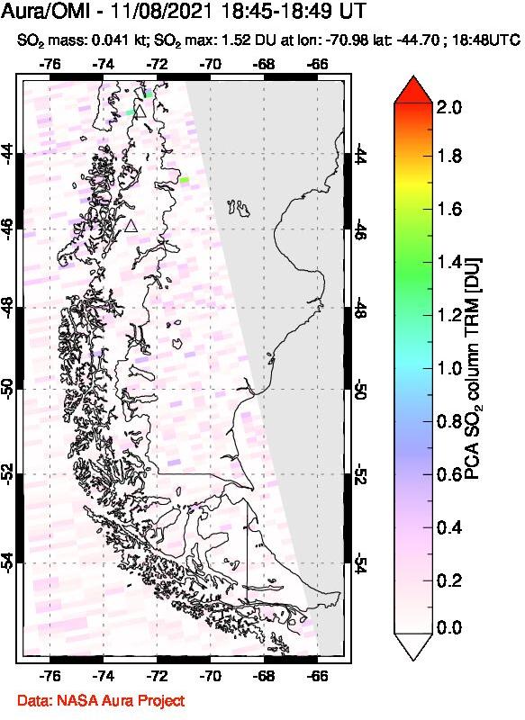 A sulfur dioxide image over Southern Chile on Nov 08, 2021.