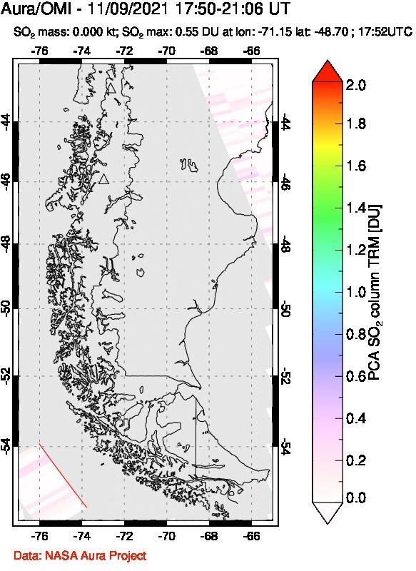 A sulfur dioxide image over Southern Chile on Nov 09, 2021.