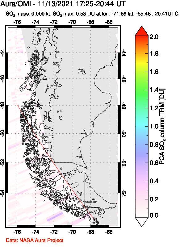 A sulfur dioxide image over Southern Chile on Nov 13, 2021.