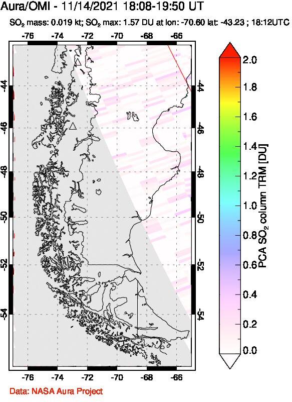 A sulfur dioxide image over Southern Chile on Nov 14, 2021.