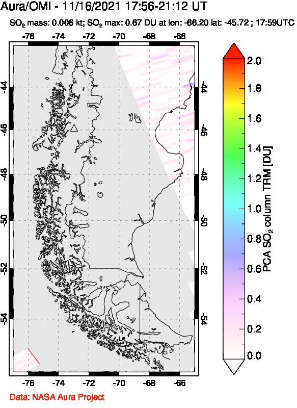 A sulfur dioxide image over Southern Chile on Nov 16, 2021.