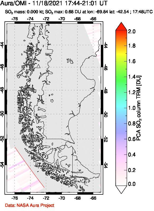 A sulfur dioxide image over Southern Chile on Nov 18, 2021.