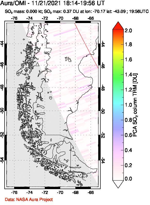 A sulfur dioxide image over Southern Chile on Nov 21, 2021.