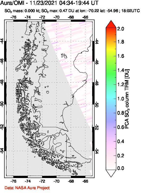 A sulfur dioxide image over Southern Chile on Nov 23, 2021.