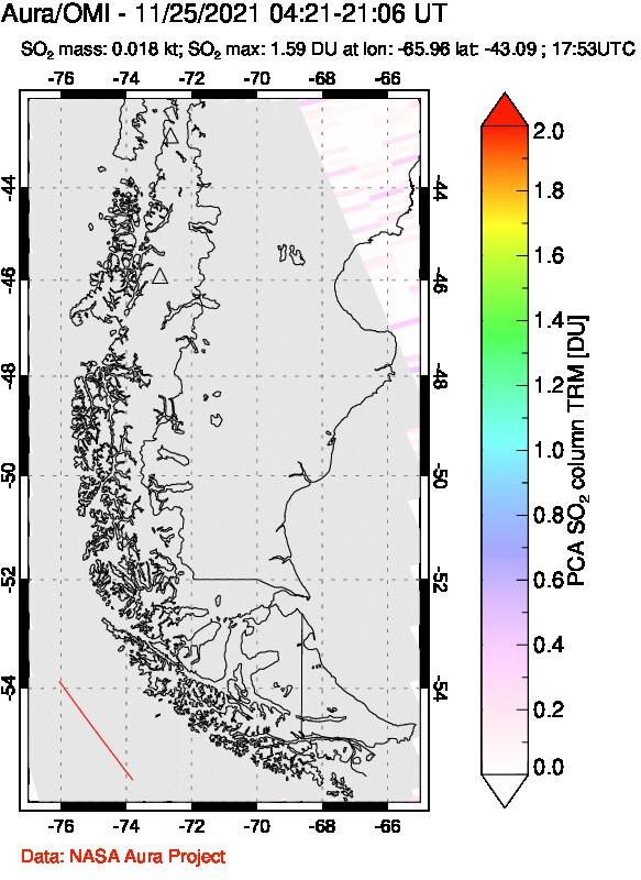 A sulfur dioxide image over Southern Chile on Nov 25, 2021.