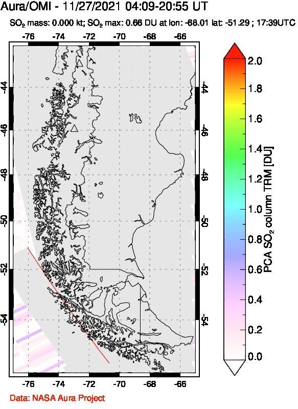 A sulfur dioxide image over Southern Chile on Nov 27, 2021.