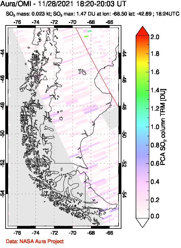 A sulfur dioxide image over Southern Chile on Nov 28, 2021.