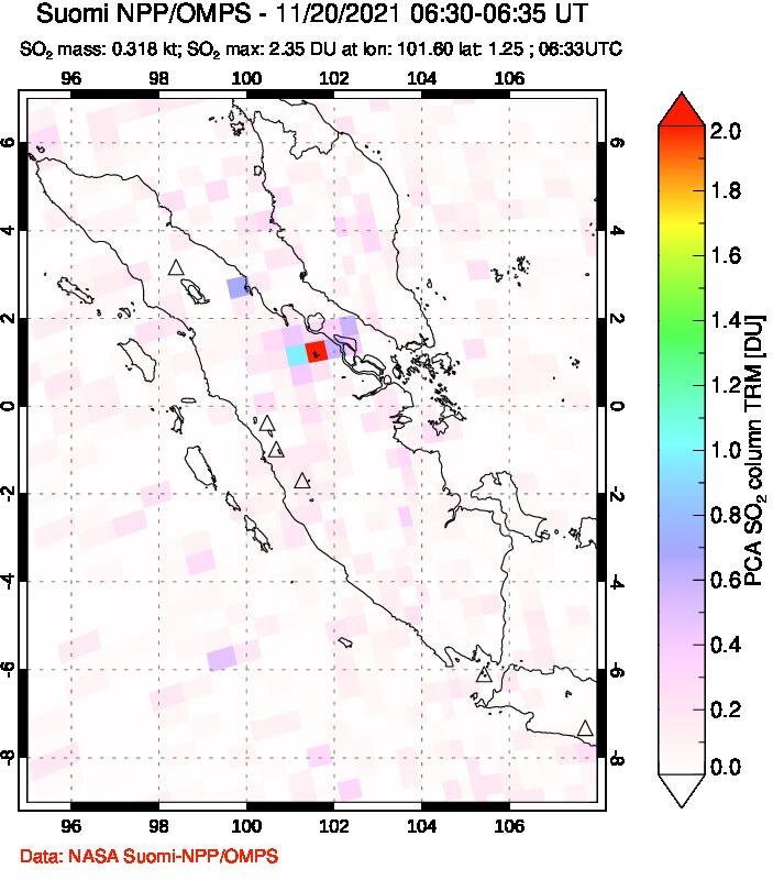 A sulfur dioxide image over Sumatra, Indonesia on Nov 20, 2021.