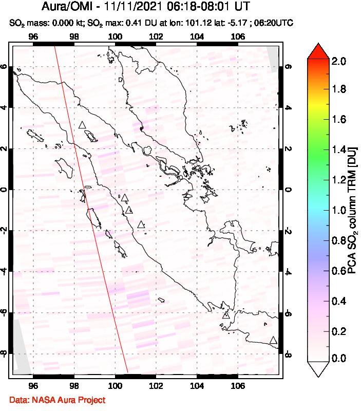 A sulfur dioxide image over Sumatra, Indonesia on Nov 11, 2021.
