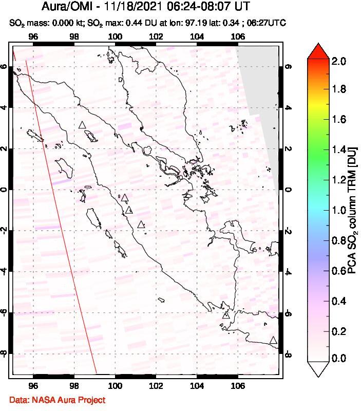 A sulfur dioxide image over Sumatra, Indonesia on Nov 18, 2021.