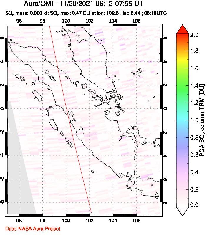 A sulfur dioxide image over Sumatra, Indonesia on Nov 20, 2021.