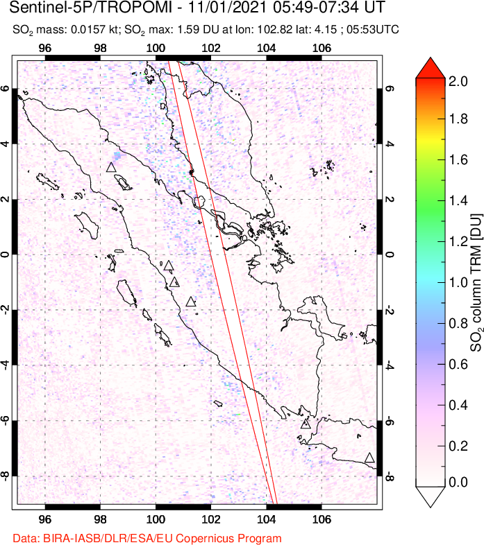 A sulfur dioxide image over Sumatra, Indonesia on Nov 01, 2021.