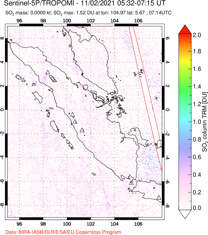 A sulfur dioxide image over Sumatra, Indonesia on Nov 02, 2021.