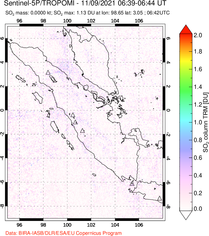 A sulfur dioxide image over Sumatra, Indonesia on Nov 09, 2021.