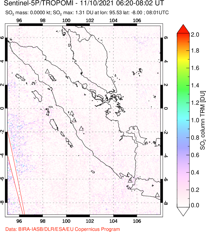 A sulfur dioxide image over Sumatra, Indonesia on Nov 10, 2021.