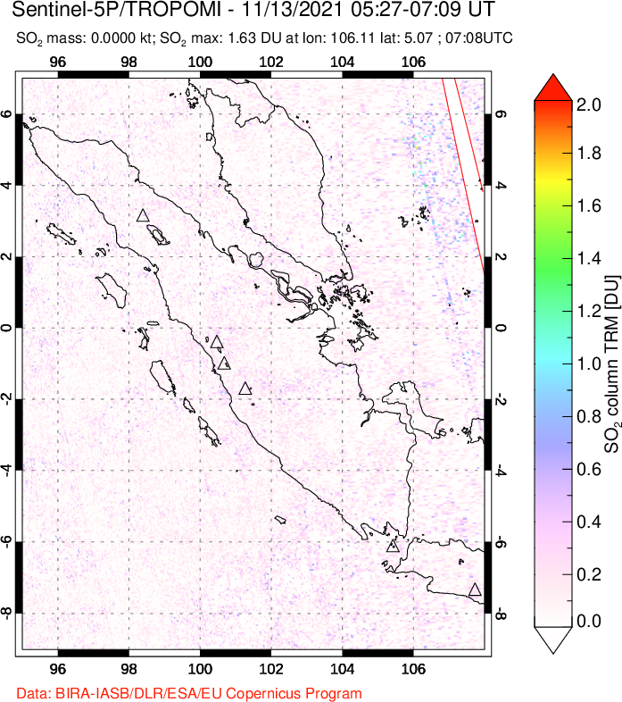 A sulfur dioxide image over Sumatra, Indonesia on Nov 13, 2021.