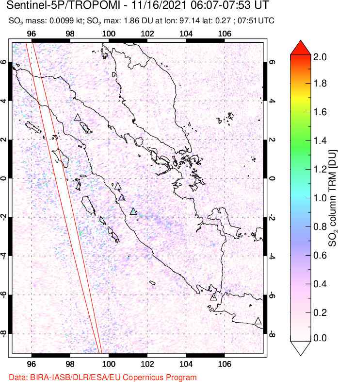 A sulfur dioxide image over Sumatra, Indonesia on Nov 16, 2021.