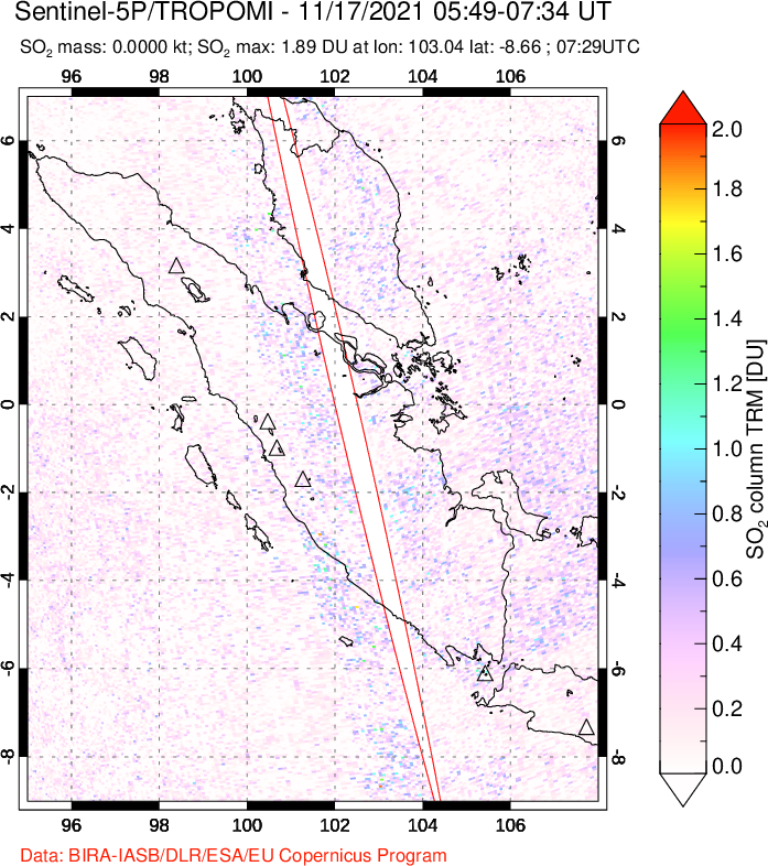 A sulfur dioxide image over Sumatra, Indonesia on Nov 17, 2021.