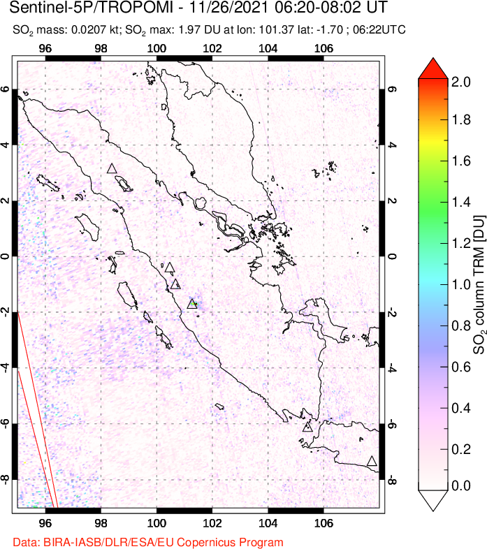 A sulfur dioxide image over Sumatra, Indonesia on Nov 26, 2021.