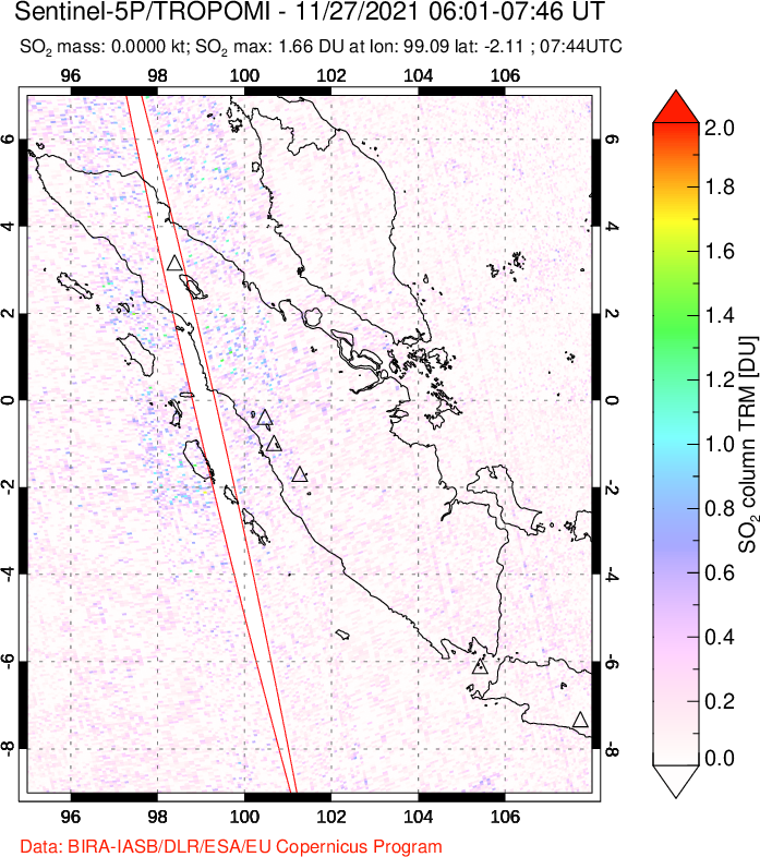 A sulfur dioxide image over Sumatra, Indonesia on Nov 27, 2021.