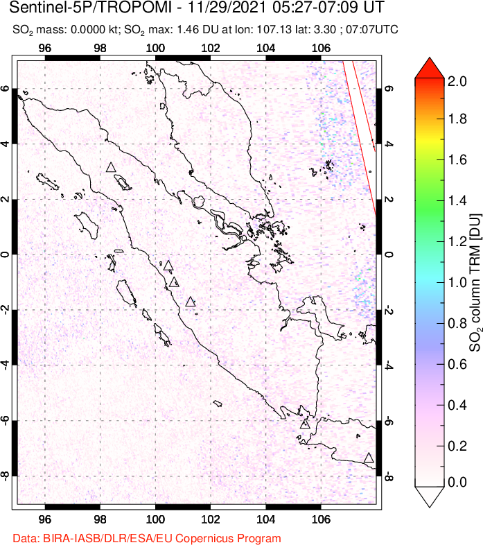 A sulfur dioxide image over Sumatra, Indonesia on Nov 29, 2021.