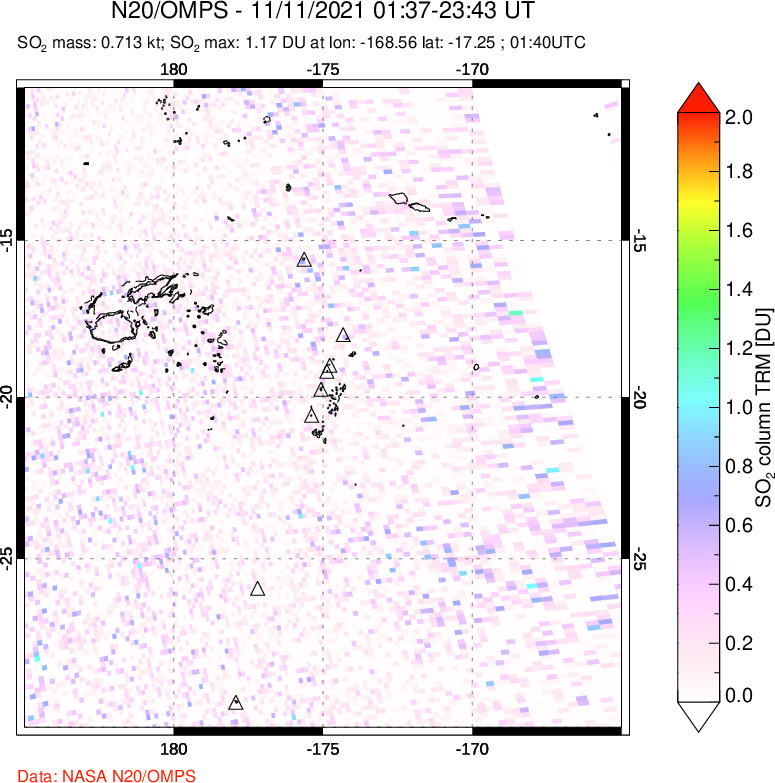 A sulfur dioxide image over Tonga, South Pacific on Nov 11, 2021.