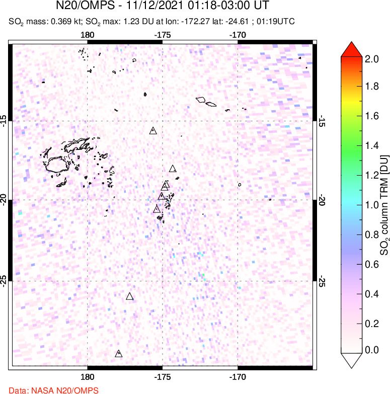 A sulfur dioxide image over Tonga, South Pacific on Nov 12, 2021.